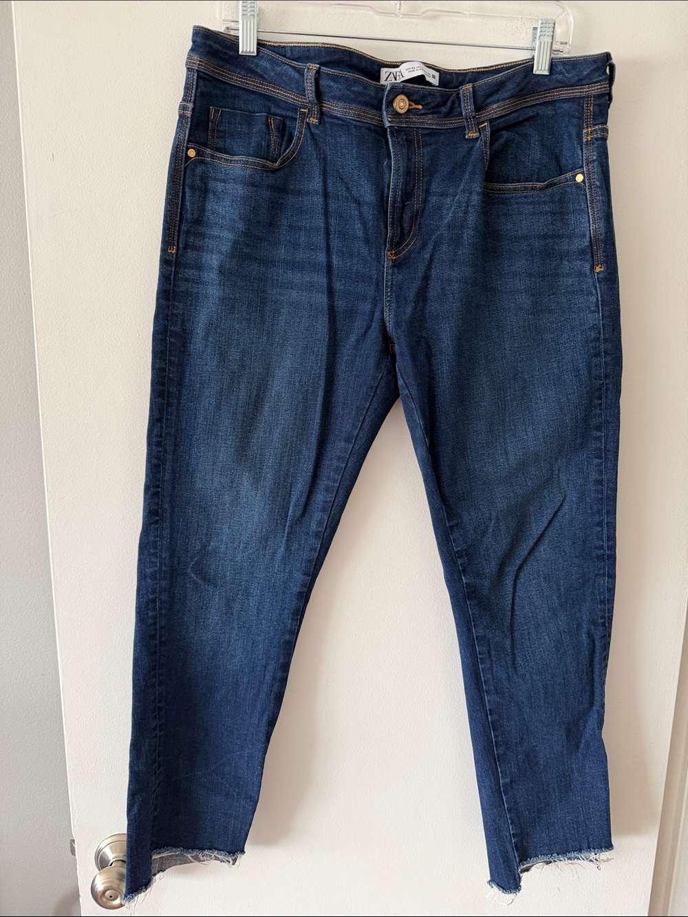 Zara High Rise Frayed Raw Hem Skinny Jeans Dark Wash Denim Size 14 Plus Size